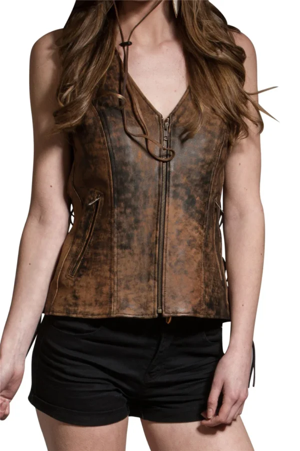 Women's Vintage Brown Dual Pocket Side Lace Real Leather Zip Vest