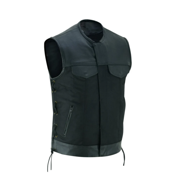 Men’s Black Side Lace Textile Vest with Zipper Front and No Collar