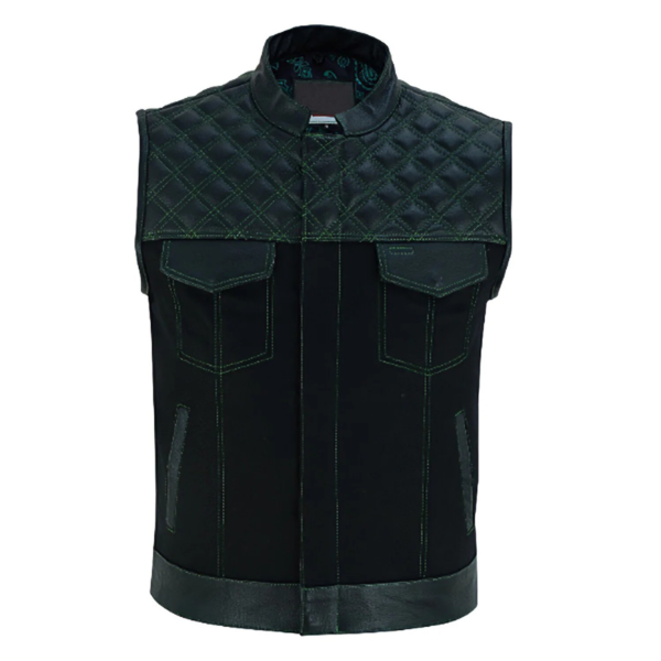 Mens Black Denim & Leather Motorcycle Club Vest Green Thread Zipper Front, Diamond Padding