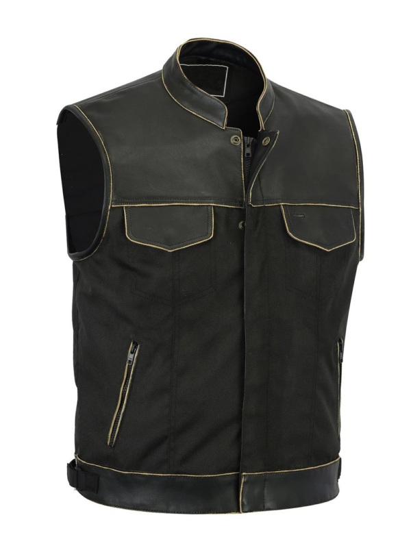 Mens Codura Biker Waistcoat Vest Brown Vintage Real Leather Trim