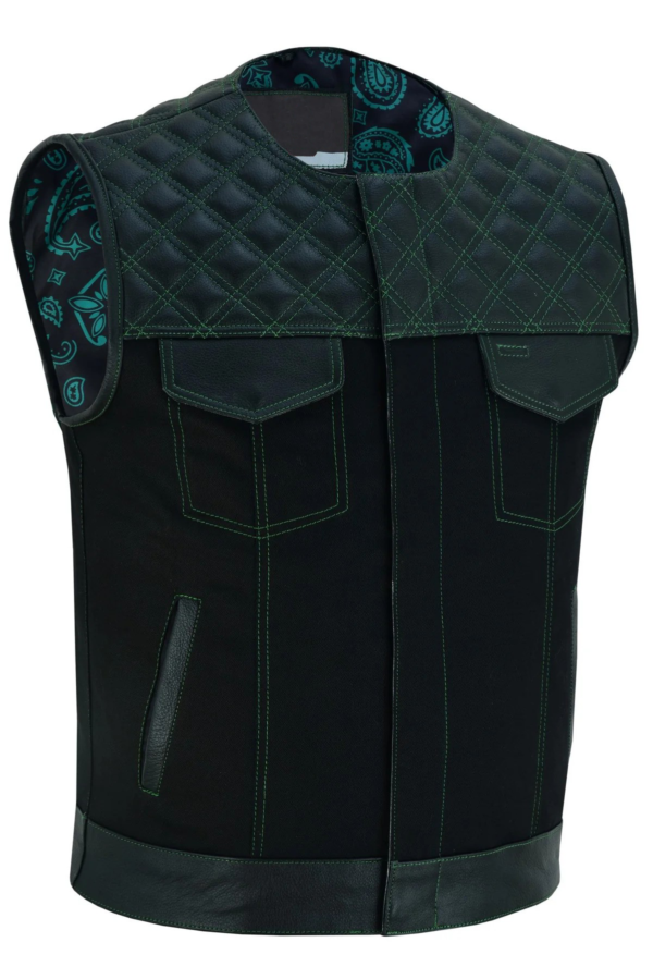 Men's SOA Vest double Green Thread Club Vest, Concealed Gun Pockets Collar Less