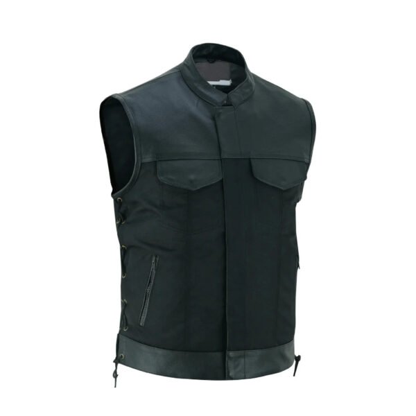 Men's Club Style Leather Denim Vest Collar Less With Green Stiches Laces Up