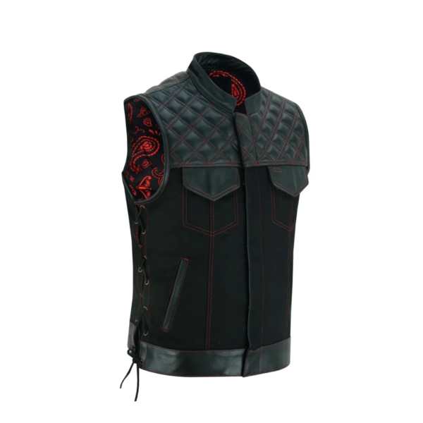 Collar Red stiches Lace up Men's SOA Vest double Red Thread Club Vest, Concealed Gun Pockets, Red Lining